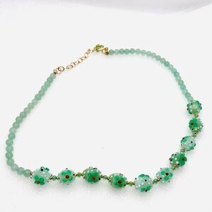 VINTAGE FLOWER ACCENT GREEN Holiday MURANO ART GLASS BEADS NECKLACE ~